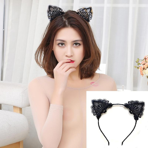 black lace cat ears headband - Picture 2 of 7